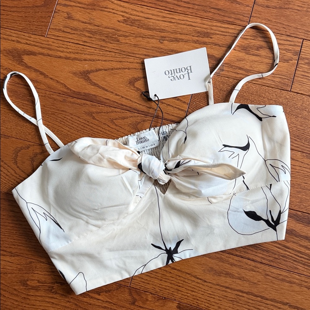Love Bonito Cream Floral Tie-Front Crop Top